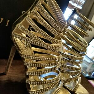 Gold strappy, bling heel